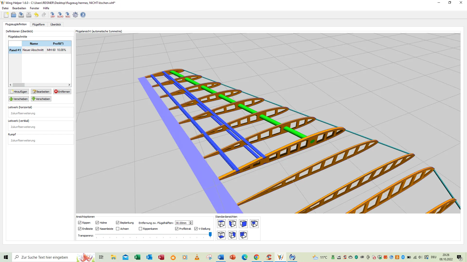 The wing drawn in Wing Helper, ribs and spars laid out in three dimensions.