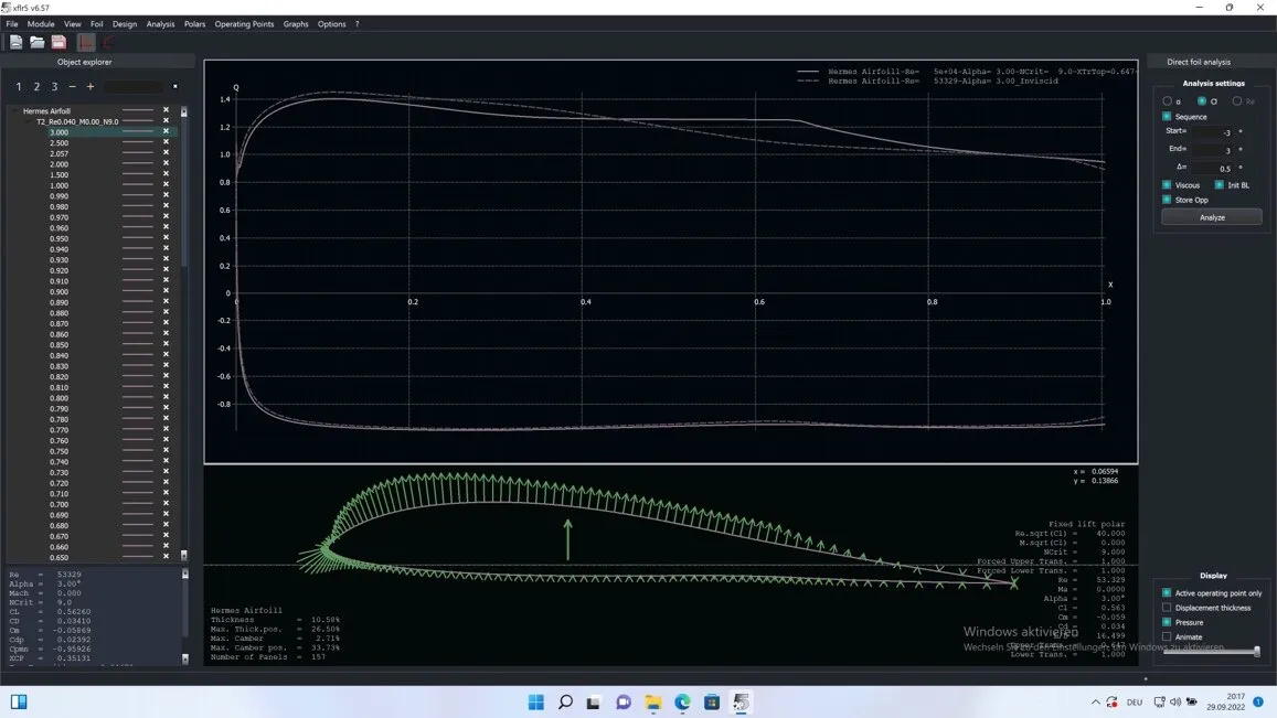 The airfoil under analysis in XFLR5, pressure distribution along the chord.